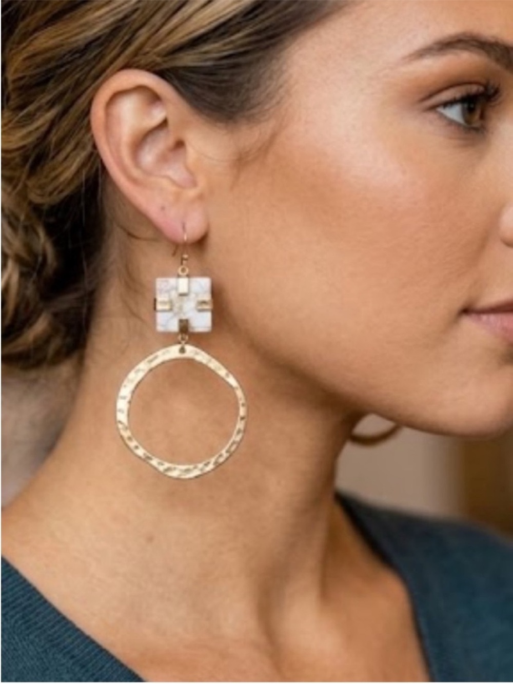 Plunder Hammered Dangle Hoop and Square "Quartz" Tile Accent Earrings. Gold.
New